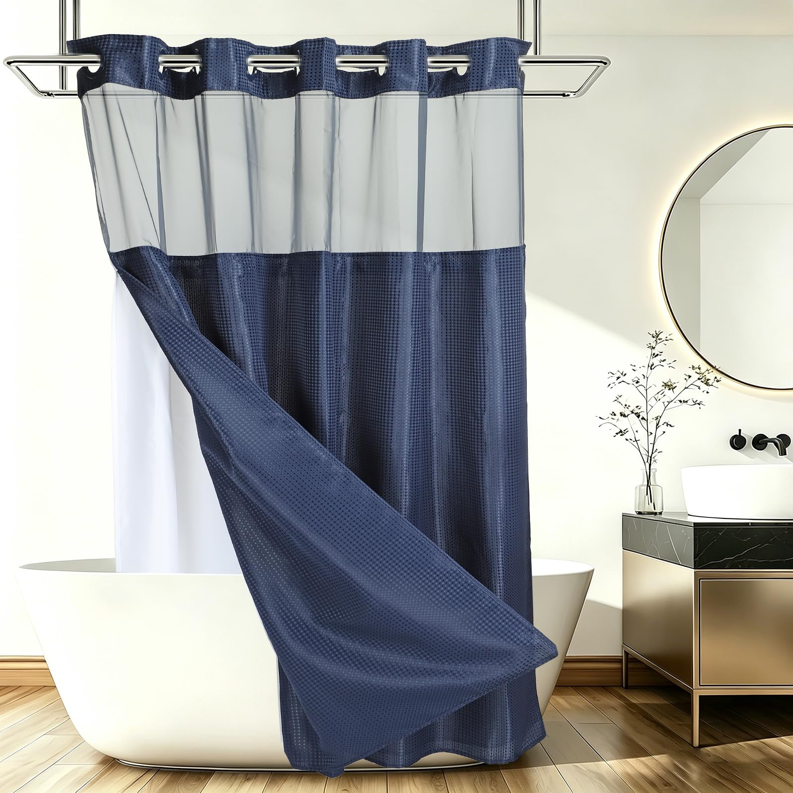 DTGN No Hook Shower Curtain, 180Wx183L cm Polyester Snap-in Removable Liner Set, Waterproof Washable Waffle Weave Textured Shower Curtains for Home