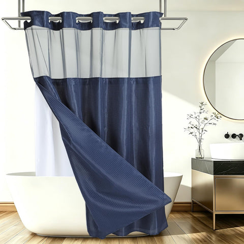 DTGN No Hook Shower Curtain, 180Wx183L cm Polyester Snap-in Removable Liner Set, Waterproof Washable Waffle Weave Textured Shower Curtains for Home