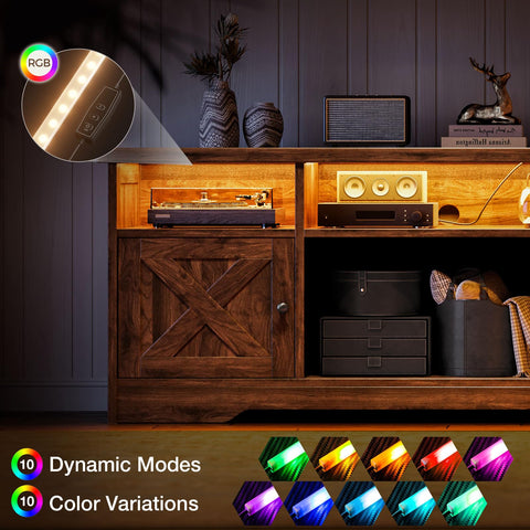 Coleshome Walnut TV Unit, TV Stand Cabinet with Sockets, USB and LED