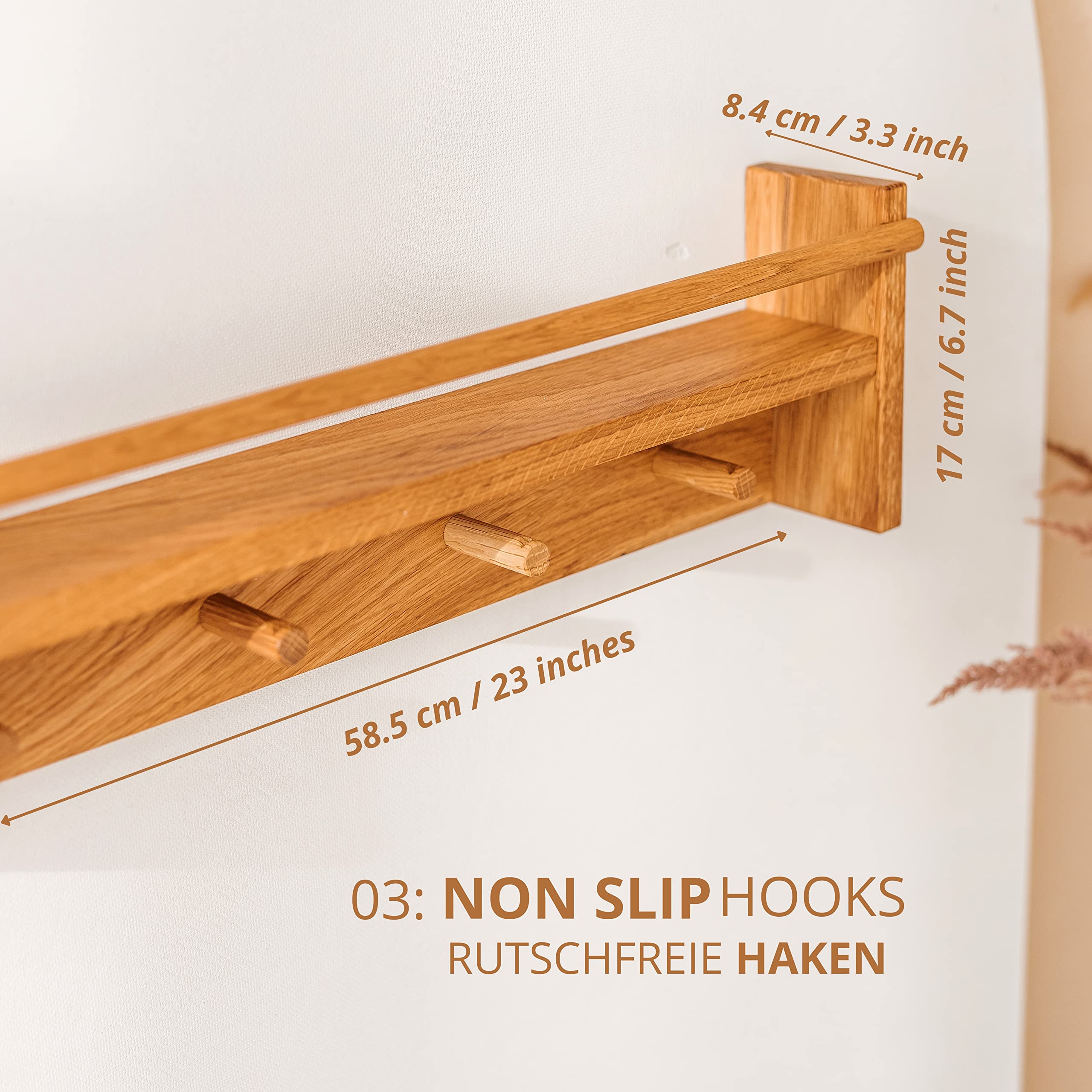 MINICAMP Solid Oak Coat Hooks Wall Mounted - Floating Kids Bookshelf - Coat Rack with Shelf and 4 Pegs - Wooden Children Clothes Rail