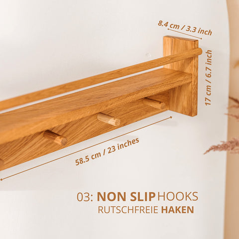 MINICAMP Solid Oak Coat Hooks Wall Mounted - Floating Kids Bookshelf - Coat Rack with Shelf and 4 Pegs - Wooden Children Clothes Rail