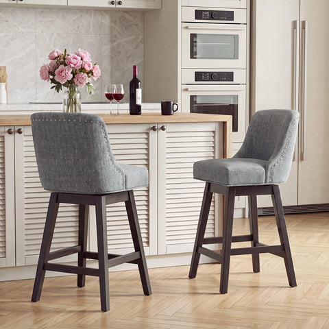 Bar Stools Set of 2, 360° Swivel Upholstered Counter Stools with Back, Wooden Frame Kitchen Bar Chairs with Nailhead Trim