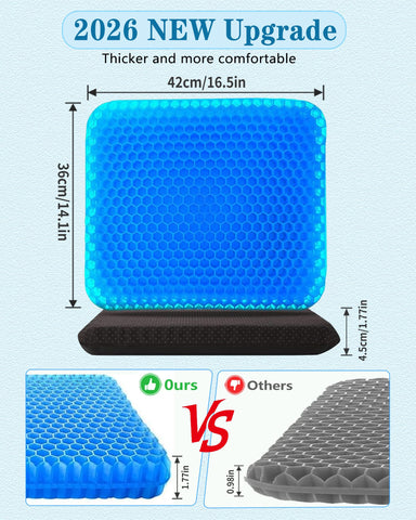 2026 Upgraded Soft Gel Seat Cushion, 42*36*4.5cm Extra Thick Honeycomb Cushion, Cooling Breathable Chair Pad with Washable Non-Slip Cover