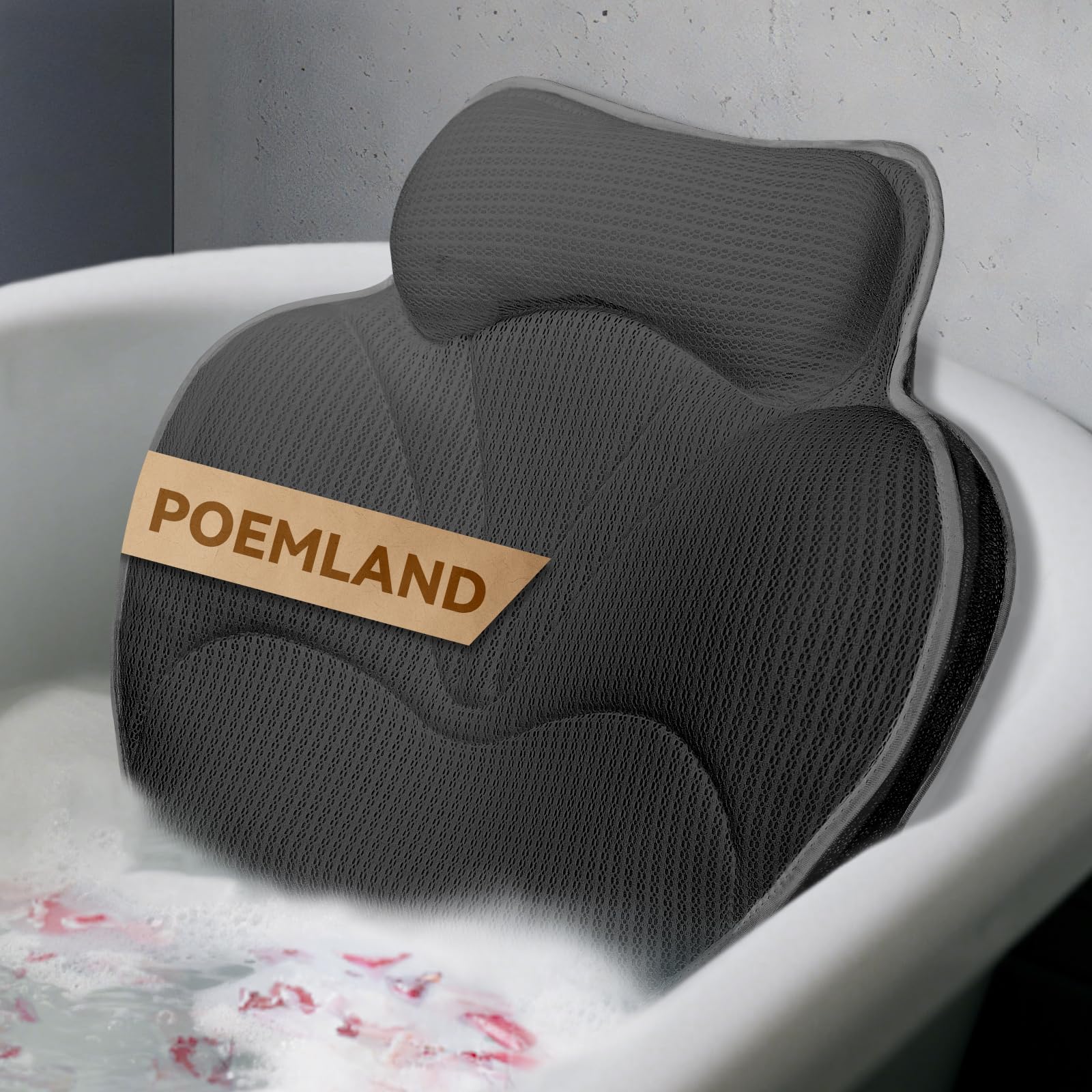 Poemland Bath Pillow for Tub - Luxury Bath Pillow for Neck, Head & Back Support, Soft 5D Mesh Quick Dry Fabric, 54 Non-Slip Suction Cups