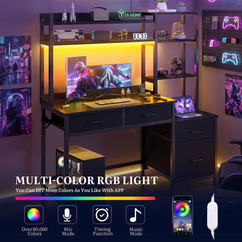 YITAHOME Computer Desk with Drawers LED Power 128cm Home Office Black