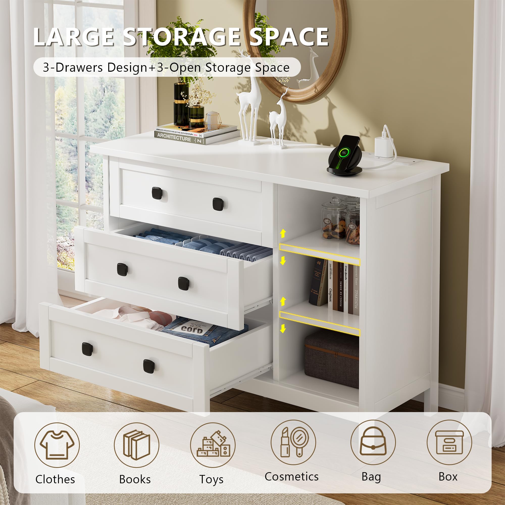 Feonase White Chest of Drawers Bedroom with Charging Station, 3 Drawer Chest of Drawers with Open Storage Unit