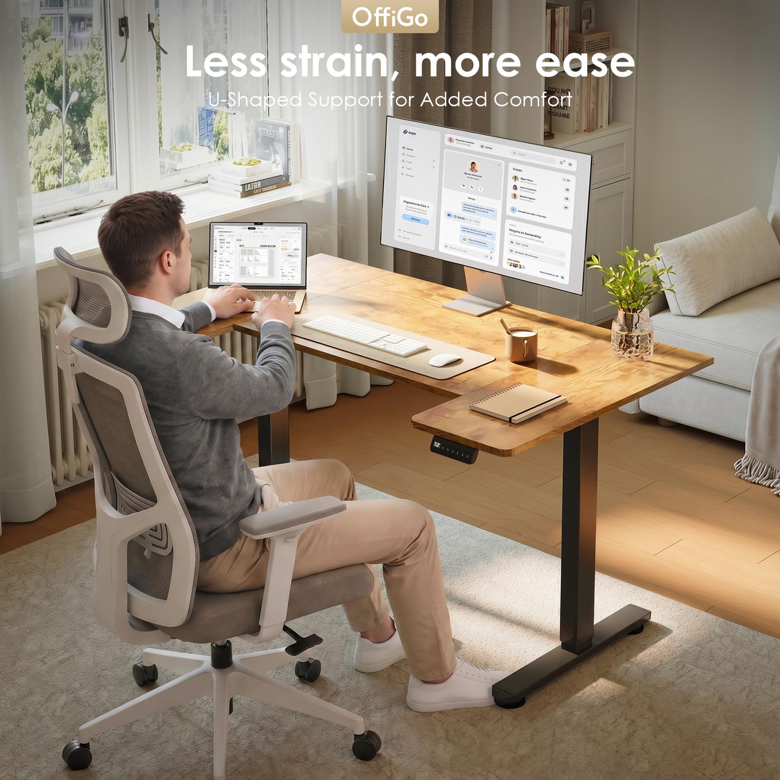 OffiGo Height Adjustable Desk, U Shaped Standing Desk with 3 Memory Presets