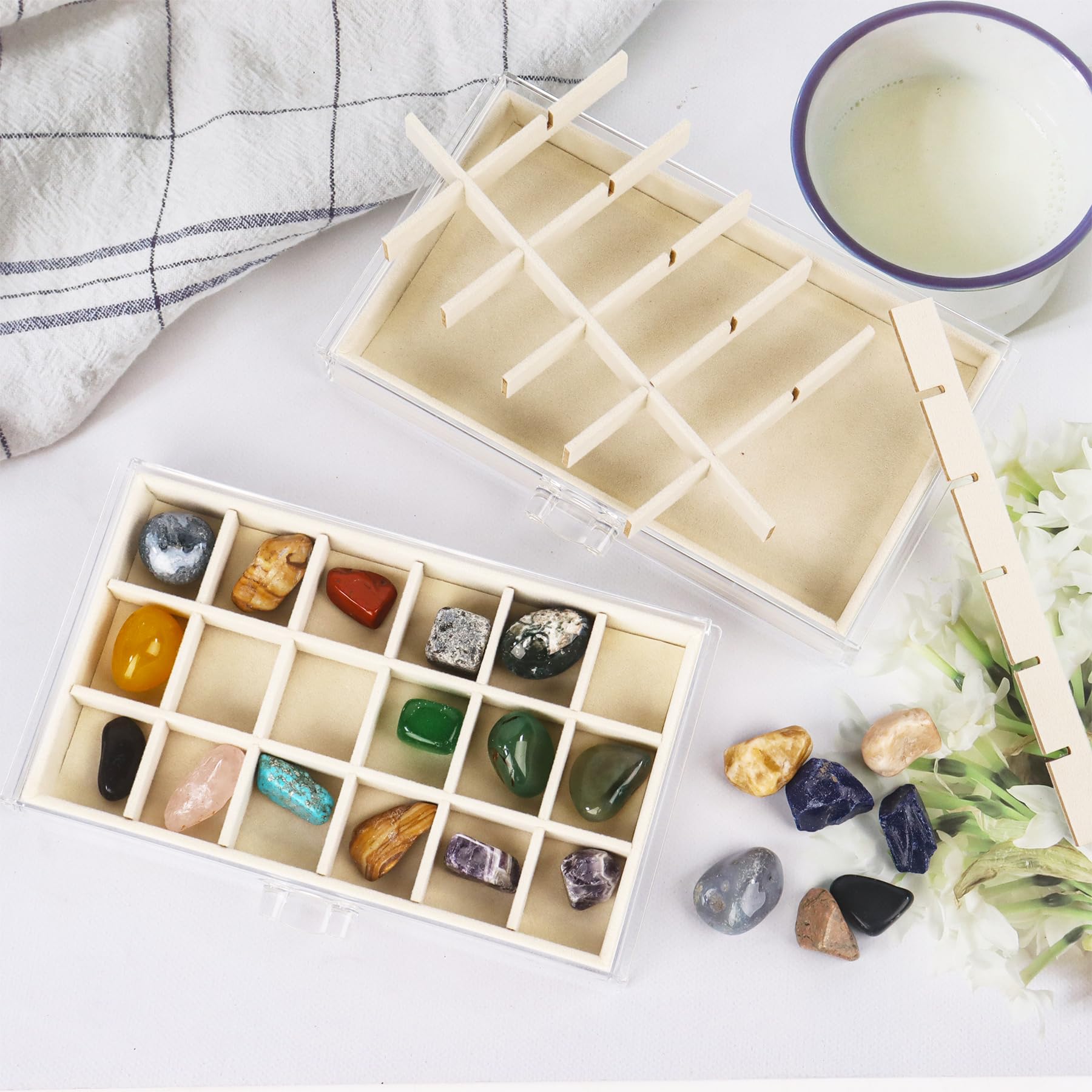 Dmnnlp Rock Display Case, 5 Drawers 90 Grids Acrylic Rock Collection Box, Storage Cases for Small Rocks Gemstone Fossil Crystal Stone Jewellery