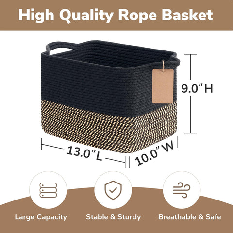 TIMEYARD Cotton Rope Storage Basket Square Shelf Basket Black Jute