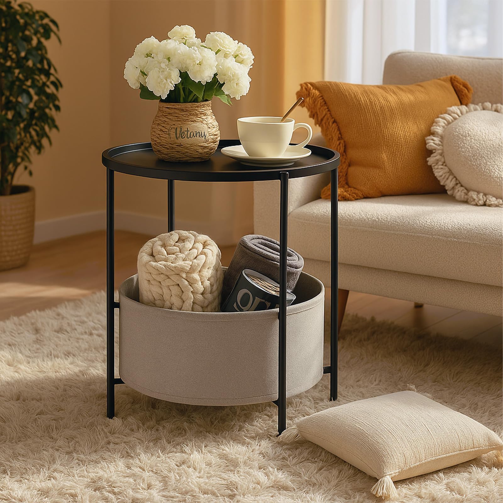 Rinkgarden Round Side Table with Fabric Basket, Modern and Sturdy, Metal End Table for Living Room, Bedroom, Bedside Table, Nursery