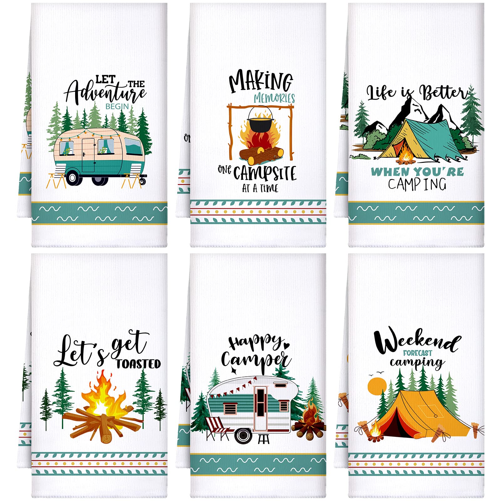Set of 6 White Absorbent Camping Kitchen Towels - 24 x 16 Inches with Funny Sayings - Novelty Gifts for RV Campers