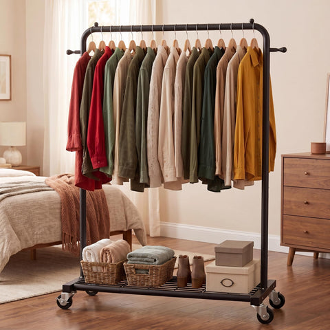 Sywhitta Clothes Rack on wheels, Clothing Rack with Bottom Mesh Storage Shelf,Sturdy Metal Frame,Rolling Garment Rack for Hanging