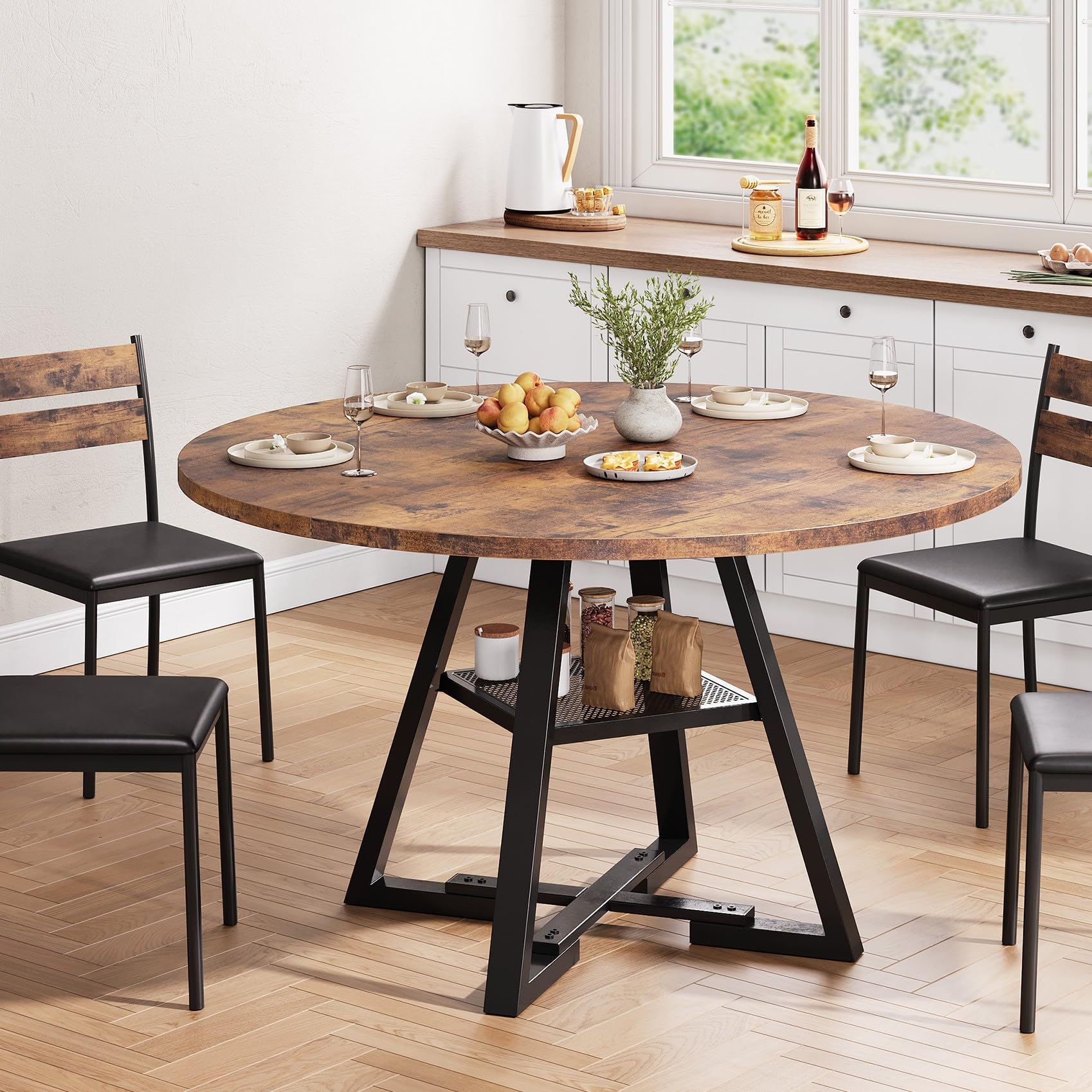 Jocoevol Round Dining Table for 2-4 People, Circle Dinner Table with Shelves, Space Saving Wood Kitchen & Dining Room Furniture (Vintage, 42 inch