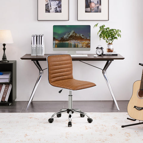 Yaheetech Armless PU Leather Chair Low Back Swivel Comfy Desk Retro Brown
