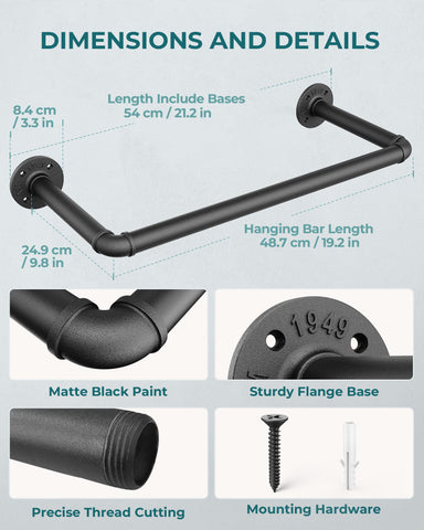 OROPY Set of 2 Wall Mounted Clothes Rail, 49cm Industrial Pipe Clothes Rack