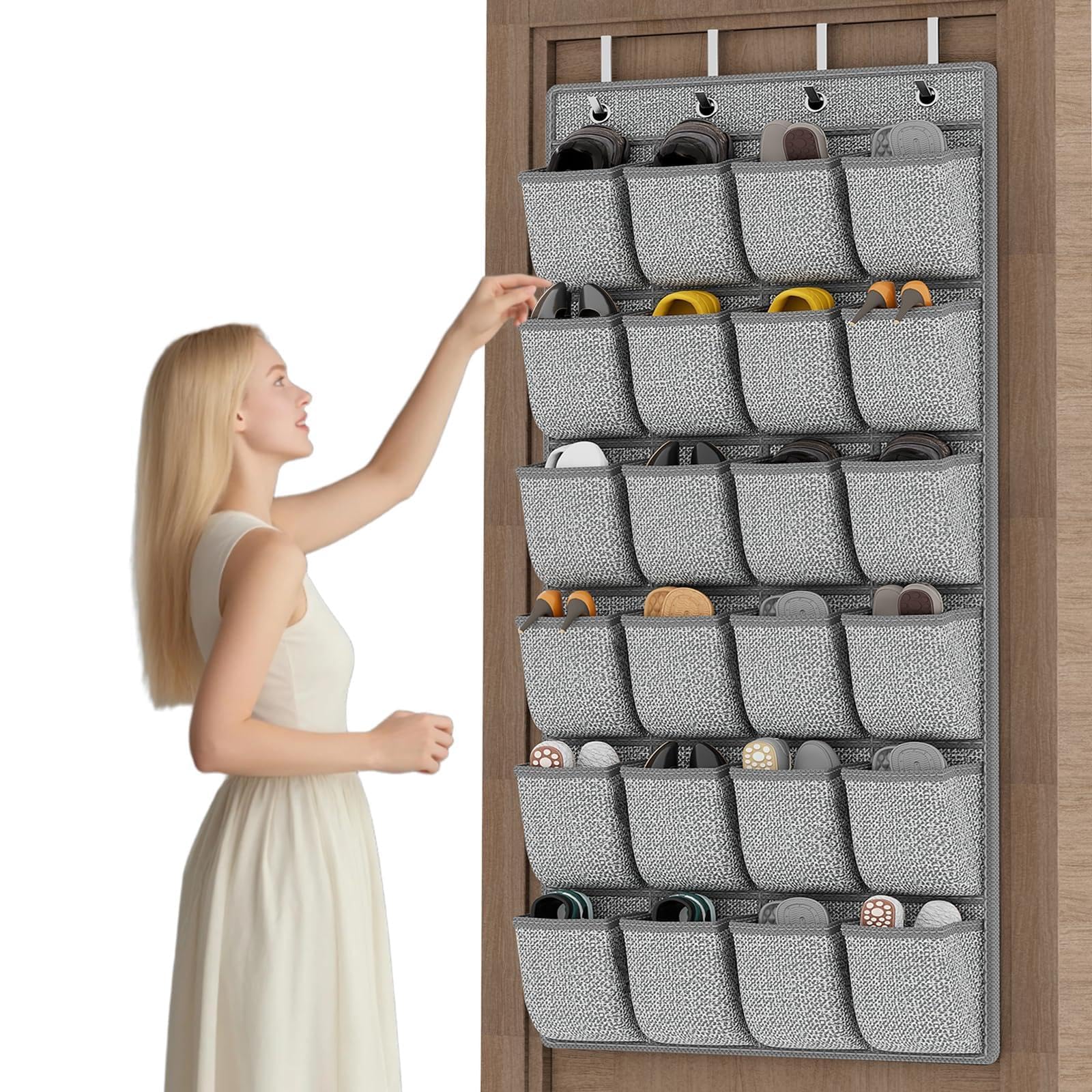 Over the Door Shoe Organizer,Hanging Shoe Holder with 24 Extra Large Fabric Pockets for Storage Men Sneakers,Women High Heeled Shoes,Slippers Grey