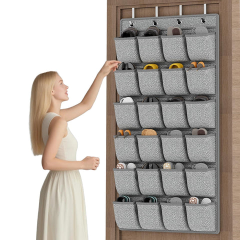 Over the Door Shoe Organizer,Hanging Shoe Holder with 24 Extra Large Fabric Pockets for Storage Men Sneakers,Women High Heeled Shoes,Slippers Grey