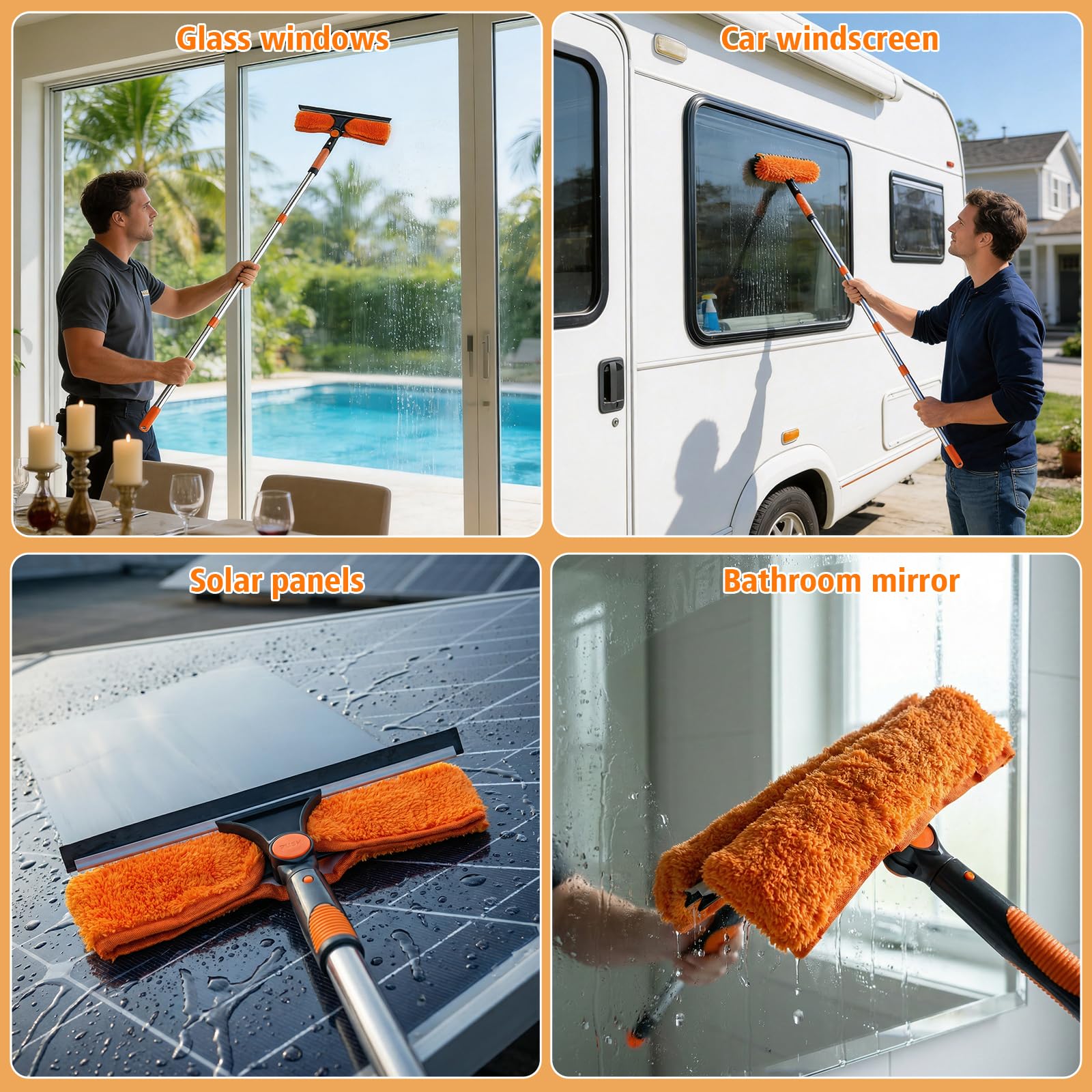Window Cleaning Squeegee & Washer Set, 2-in-1 Window Cleaning Equipment with 2m(6.6Ft) Extendable Pole & 400ml Glass Cleaner,Streak-Free Cleaning for