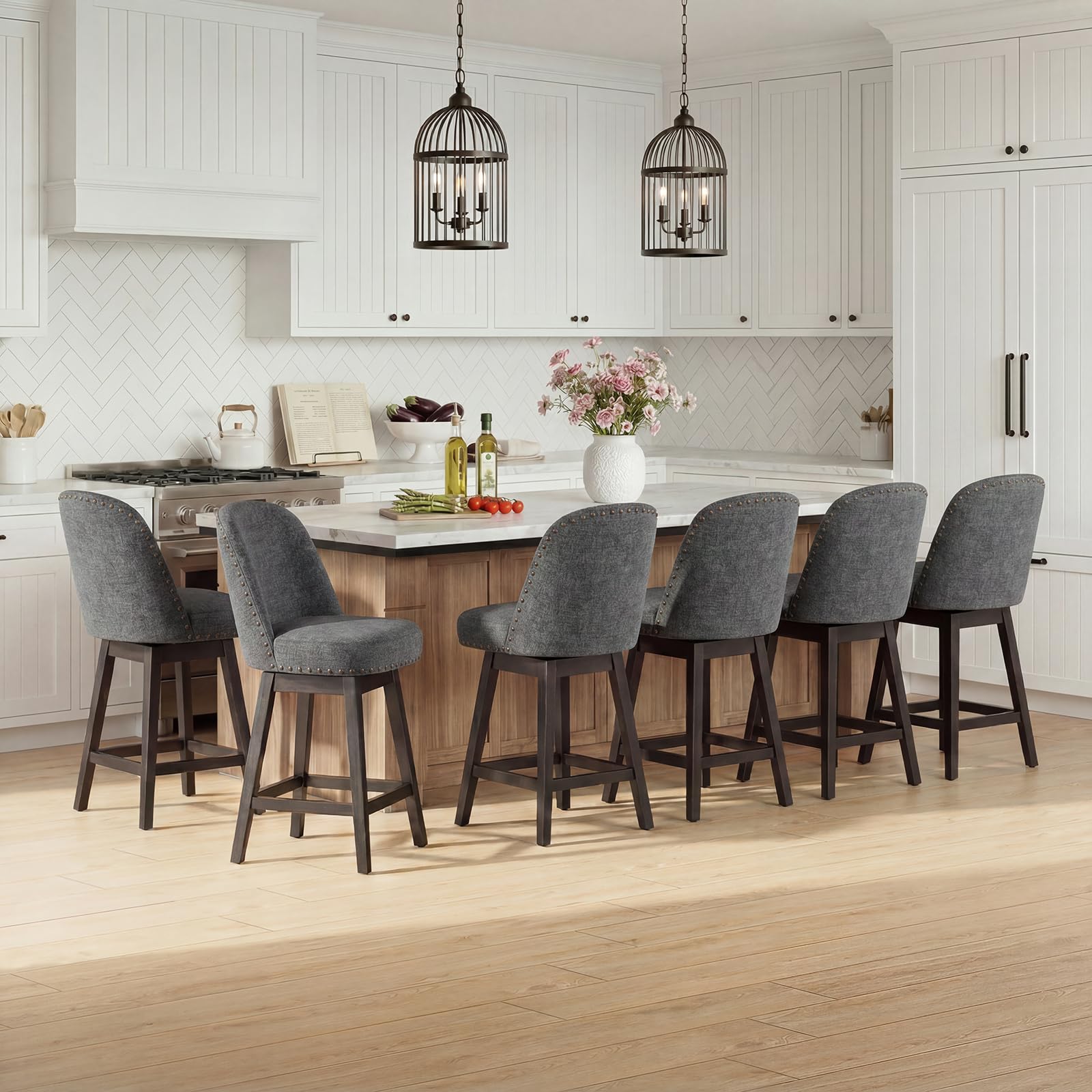 Bar Stools Set of 6, 360° Swivel Counter Stools with Upholstered Seat, Wooden Frame & Nailhead Trim