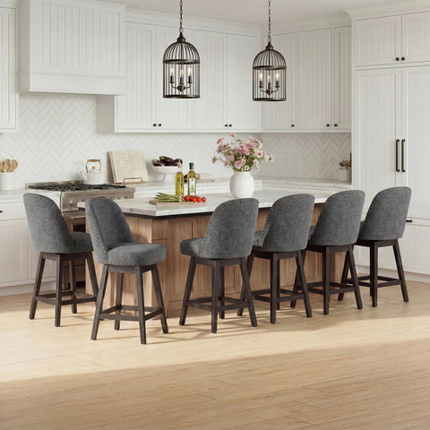 Bar Stools Set of 6, 360° Swivel Counter Stools with Upholstered Seat, Wooden Frame & Nailhead Trim