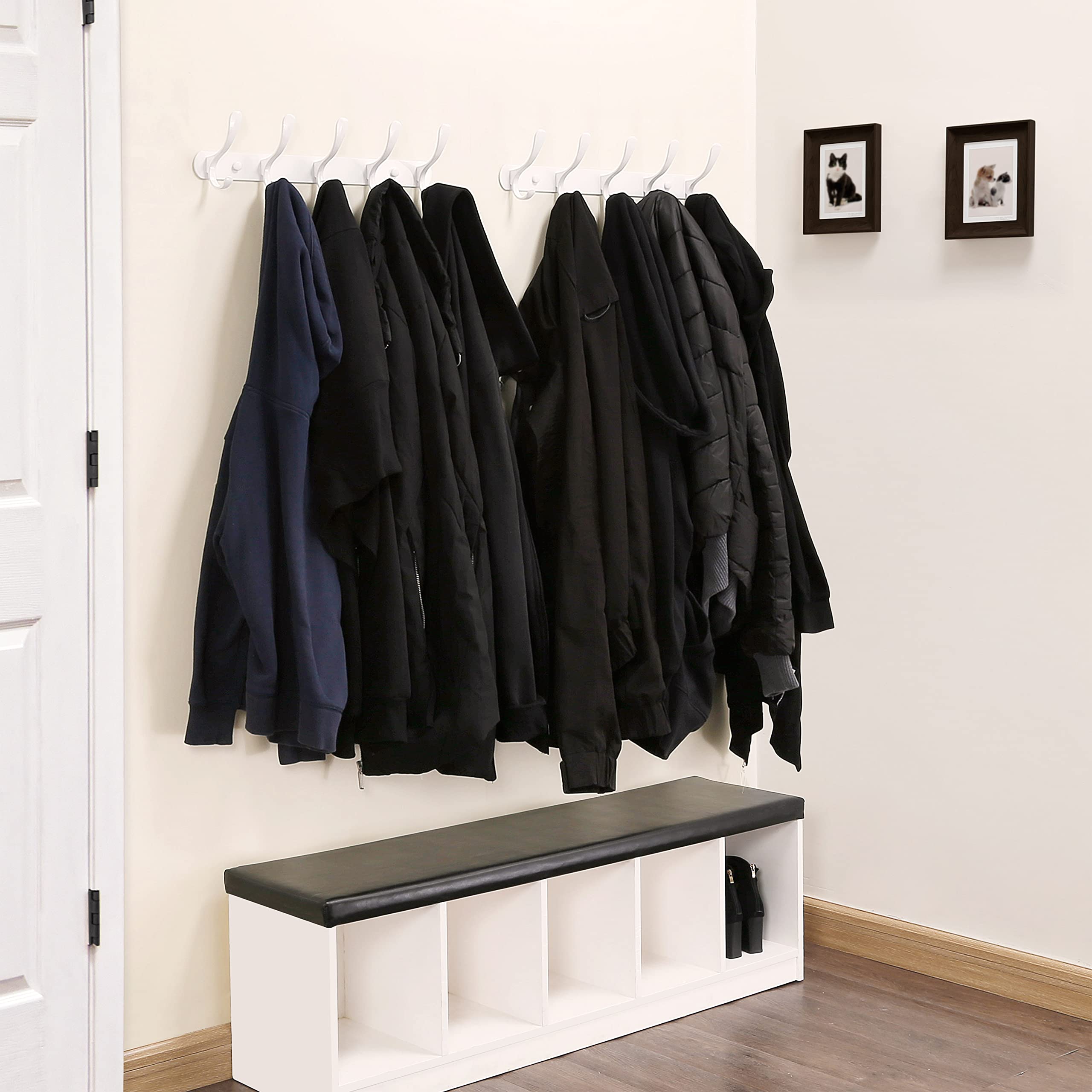 SKOLOO Modern Metal Coat Rack Wall Mount with 5 Hooks, Pack of 2, Sturdy Wall Coat Hooks for Hanging Coats, Jacket, Clothes, Hat, White