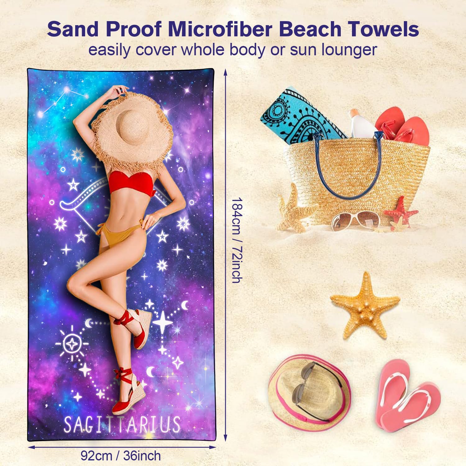 Violetpos Sagittarius Zodiac Sign Beach Towel for Astrology Fans, Extra Large 180x90 cm 250GSM Microfibre, Sand Free Quick Dry