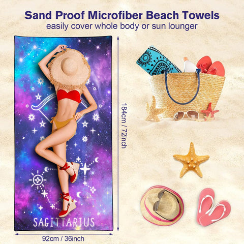 Violetpos Sagittarius Zodiac Sign Beach Towel for Astrology Fans, Extra Large 180x90 cm 250GSM Microfibre, Sand Free Quick Dry