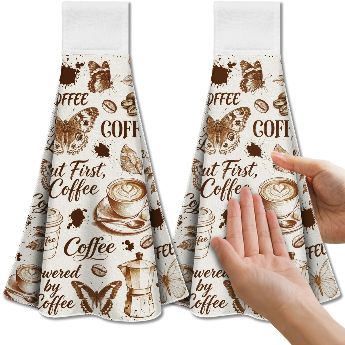 CUTHOLLOW 2 Pcs Brown Butterflies and Coffee Hanging Kitchen Towels with Loop
