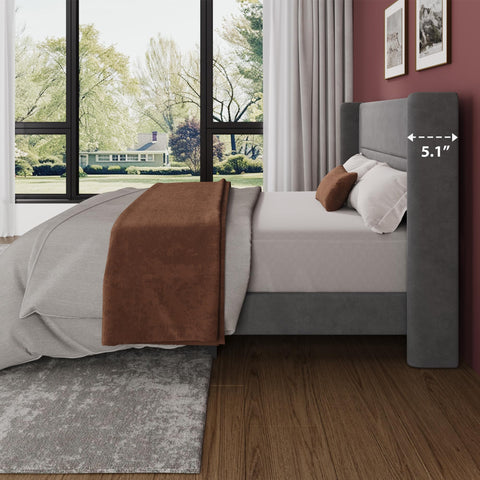 Crevyteg Double Bed Frame 72.4 x 53.9 x 41.1in with Wingback Headboard, Velvet Upholstered Platform Bedframe with Wood Slats, No Box Spring Needed