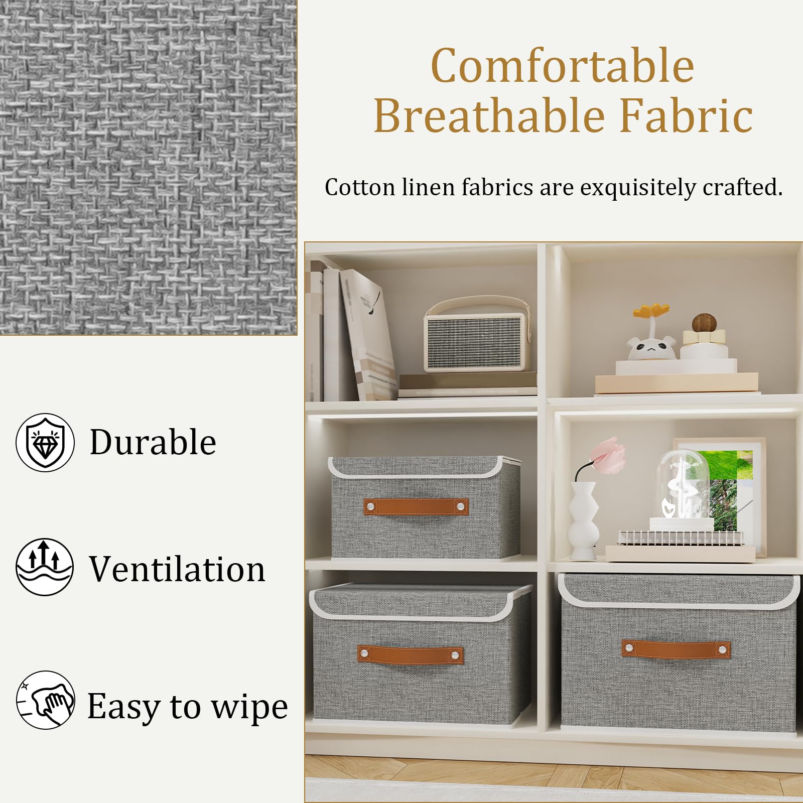 OUTBROS Fabric Storage Boxes with lids, Bins 33x23x20 cm (Grey, 3-Pack)