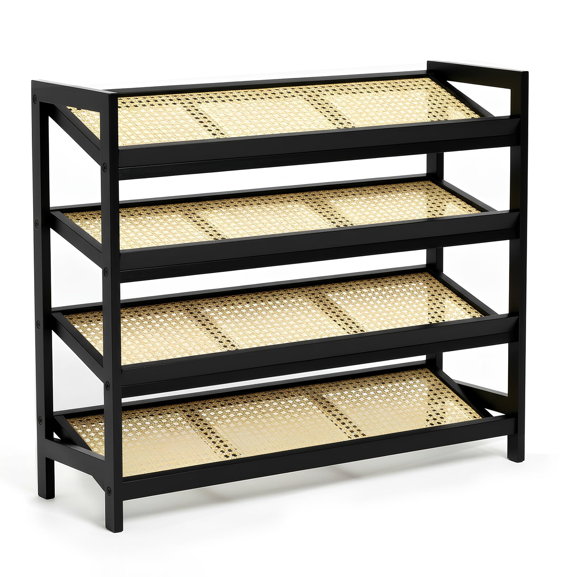 KEPLIN 4 Tier Bamboo and Rattan Shoe Organiser Rack – Eco-Friendly, Durable, Easy Assembly – Compact Design for Entryway, Closet, or Hallway