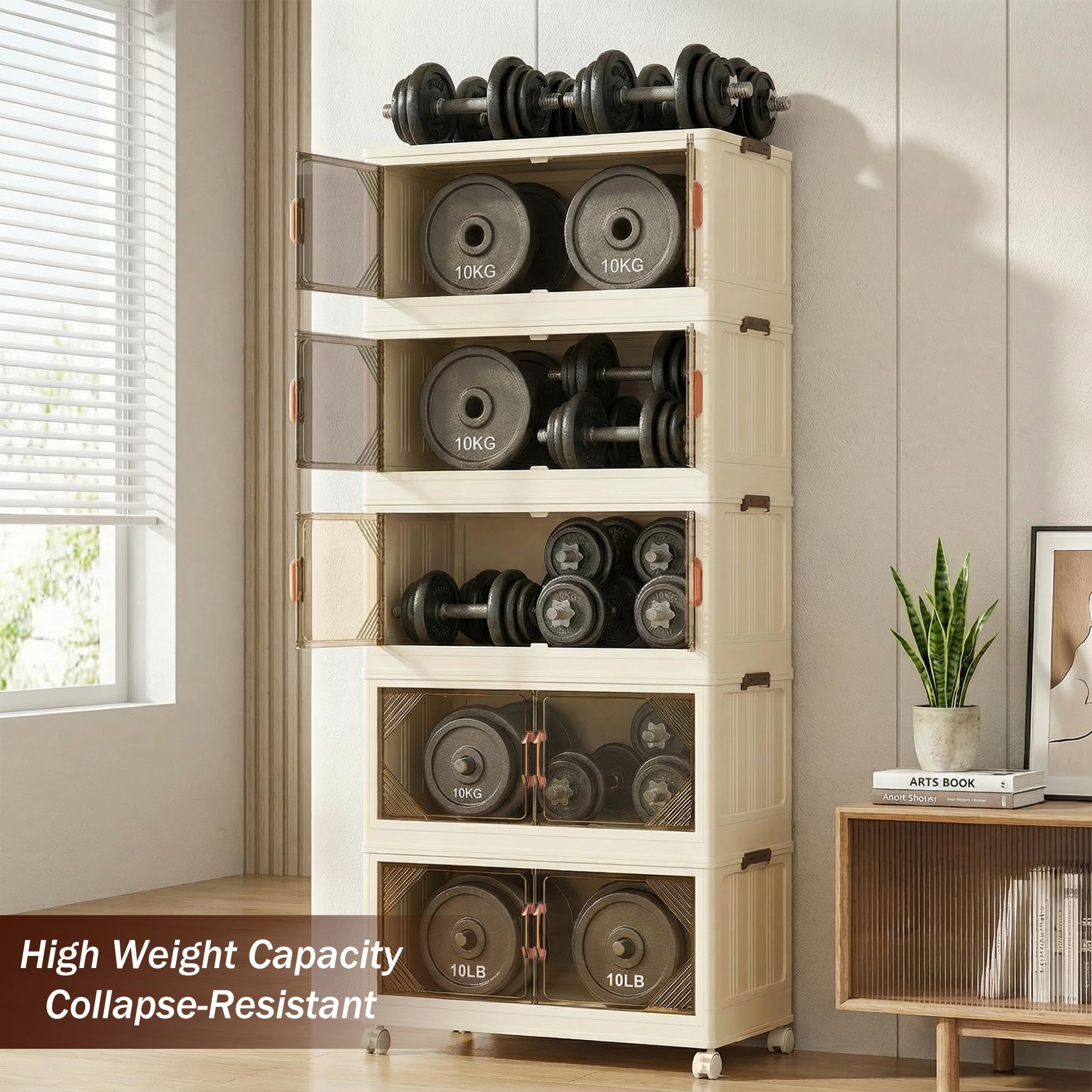 Nordswal 5 Tier Stackable Storage Boxes with Lids, Doors & Wheels, Foldable Collapsible Plastic Storage Organiser, Large Lidded Storage Bins for Home