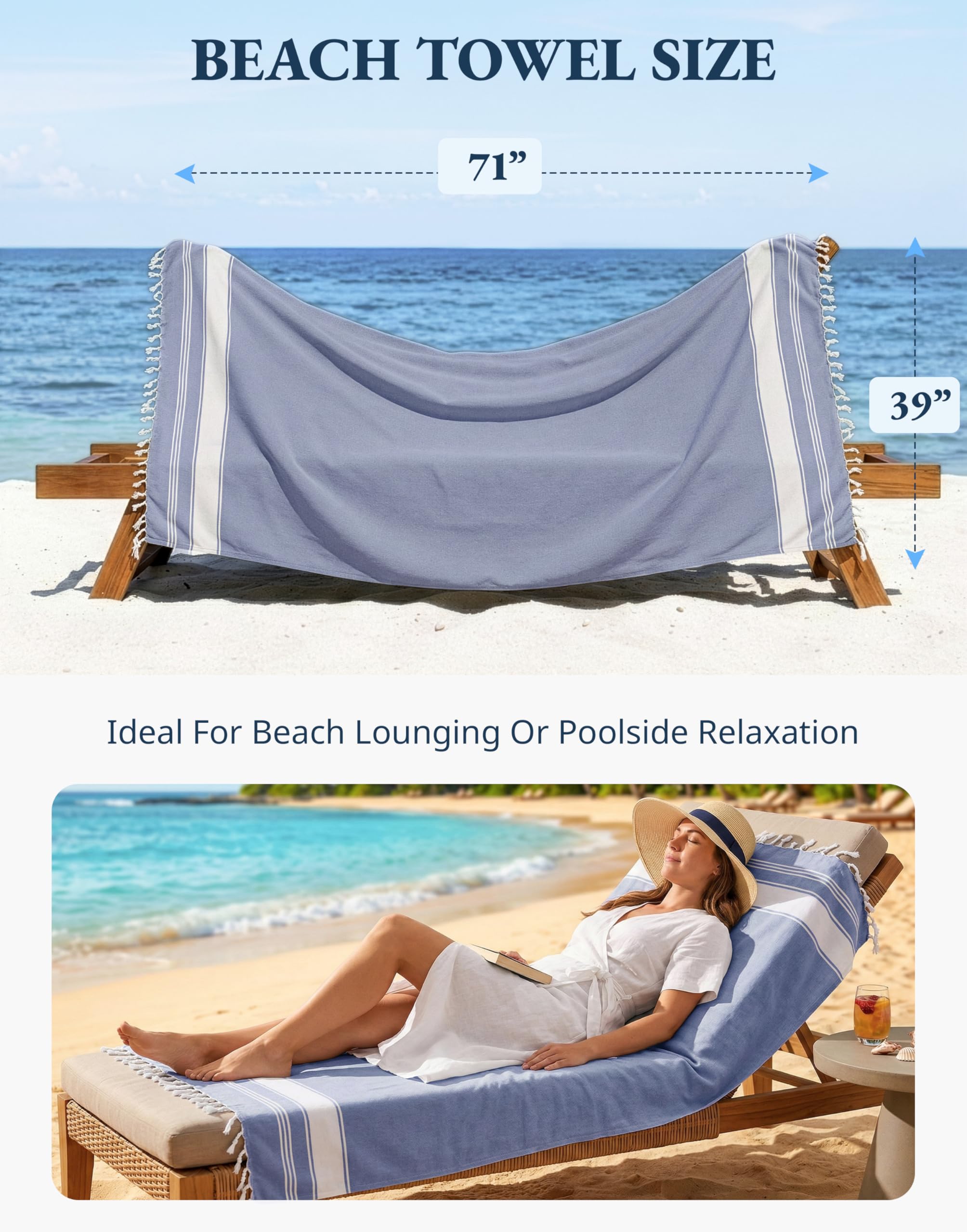 Lane Linen Beach Towels 4 Pack Oversized - Cotton Rich Turkish Towel Set, Pre-Washed Oversized Beach Towel, Quick Dry Beach Towels For Travel