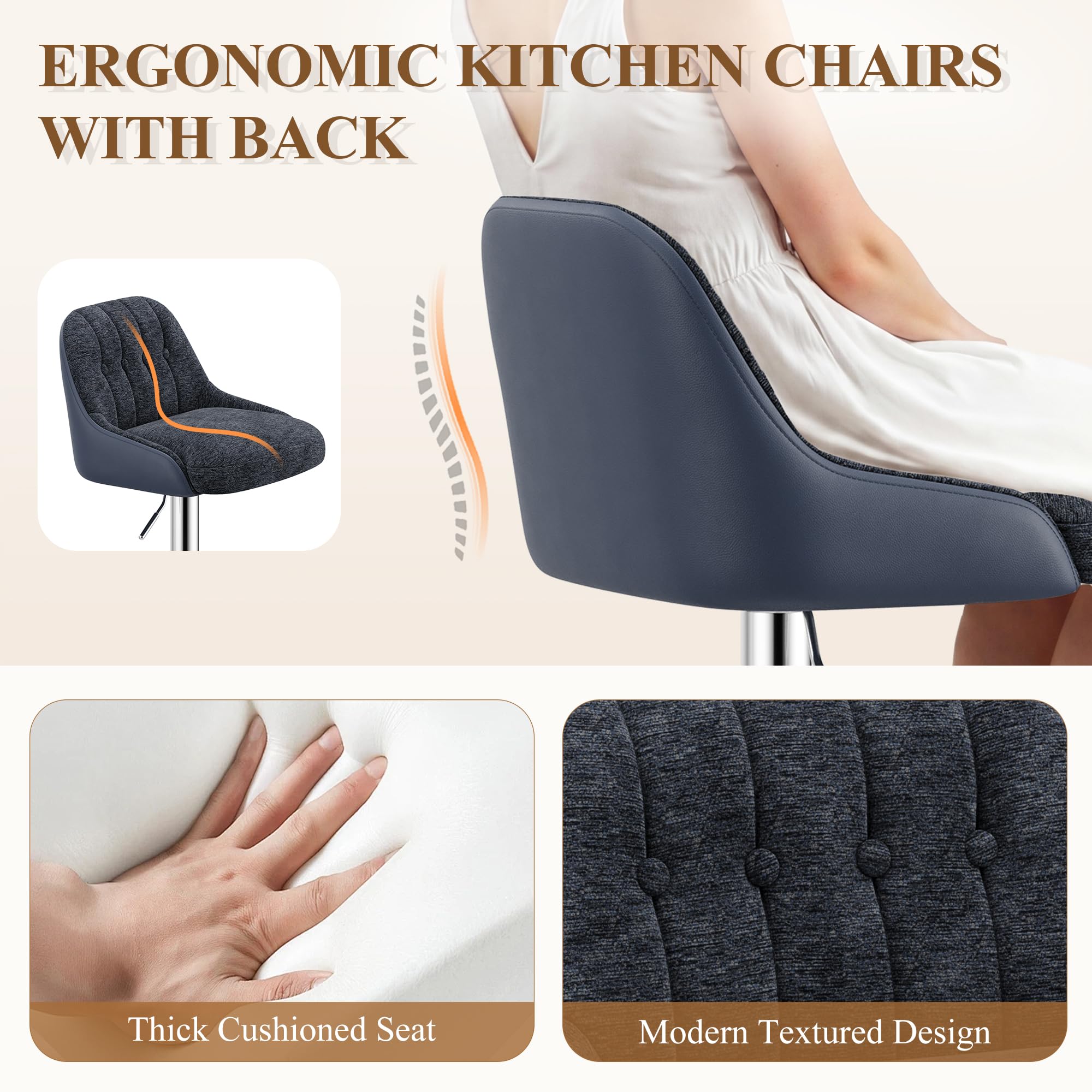 Adjustable Bar Stools Set of 4, Swivel Counter Stools with Backrest, Chenille & Faux Leather Upholstered Bar Chairs