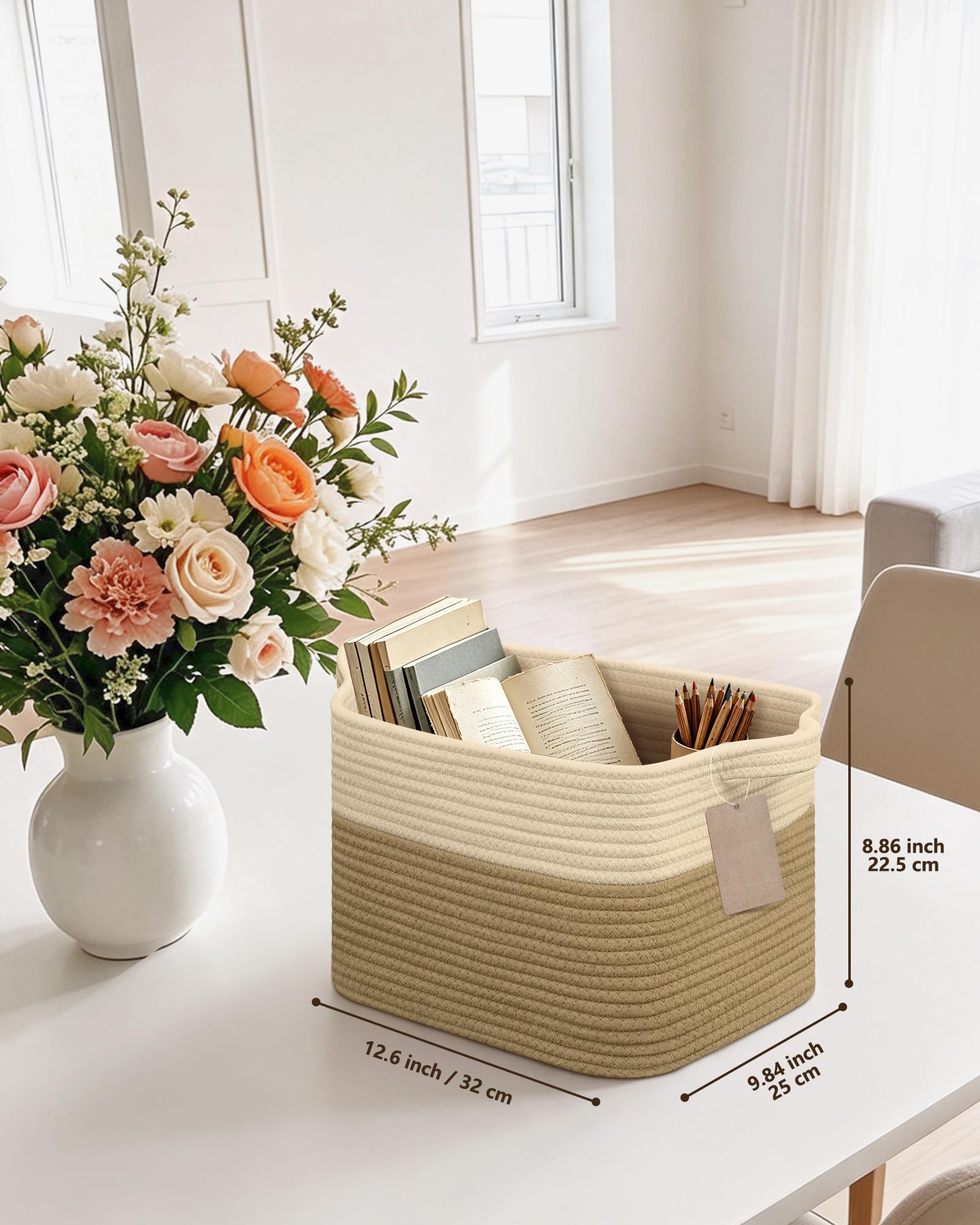 JOJOSEE Small Cotton Woven Storage Basket for Shelves, Beige&Brown, 3PCS