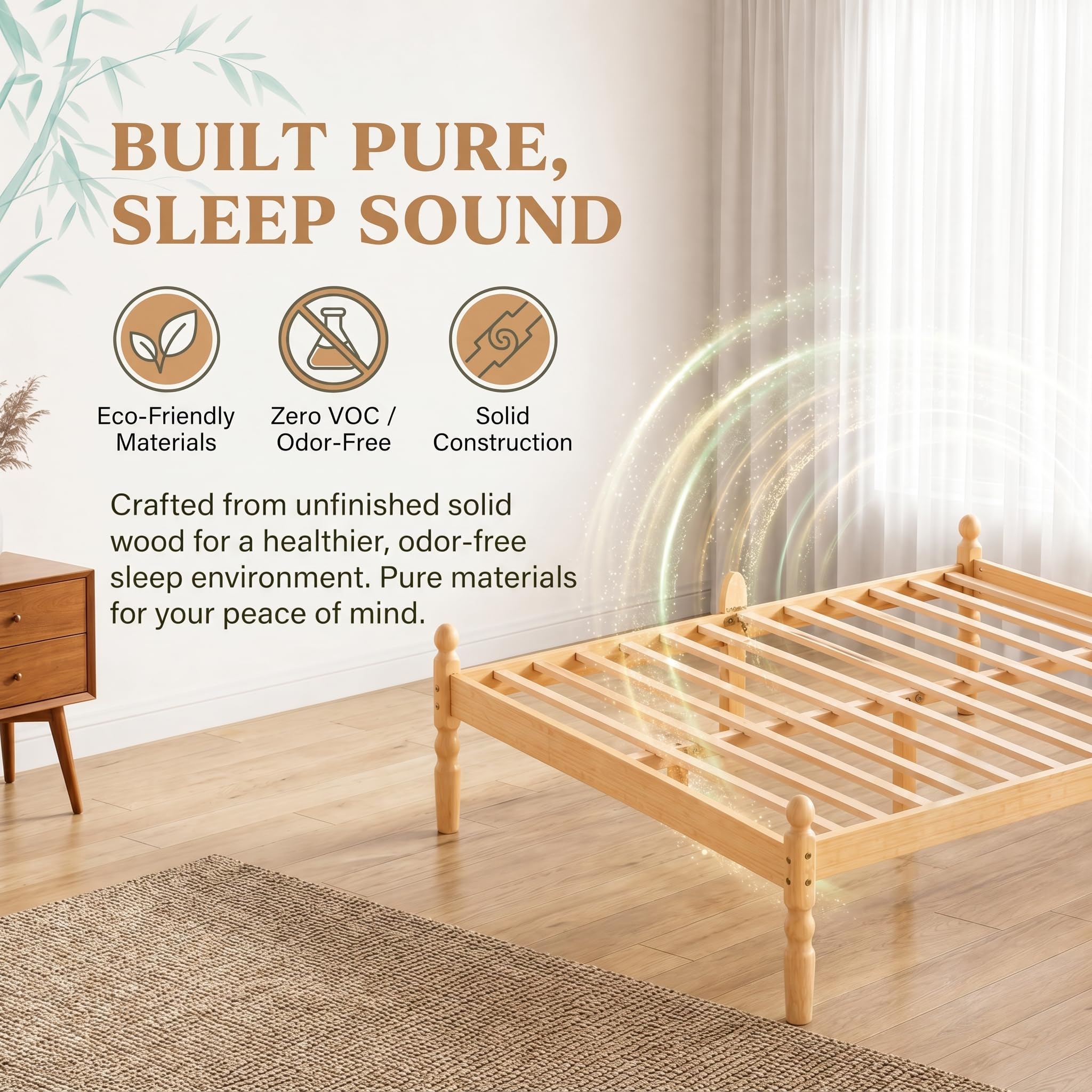 APEXTELLA HOME Single Bed Frame 14-inch Natural Bamboo Wood Platform Bed with Metal Slats Support and Mattress Slide Stopper, Underbed Storage Space