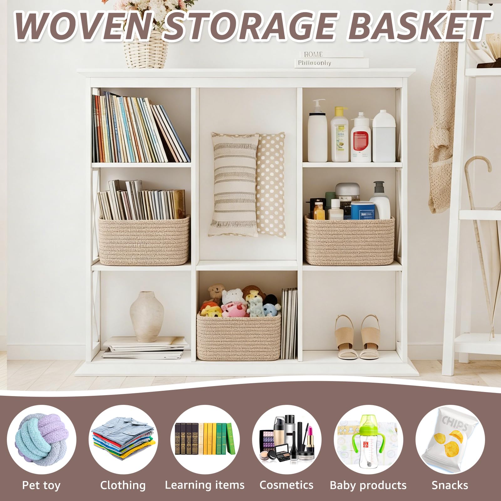 Set of 3 Storage Baskets for Shelves & Nursery, Cotton Rope Woven Basket with Hidden Handle, Empty Baby Gift Baskets