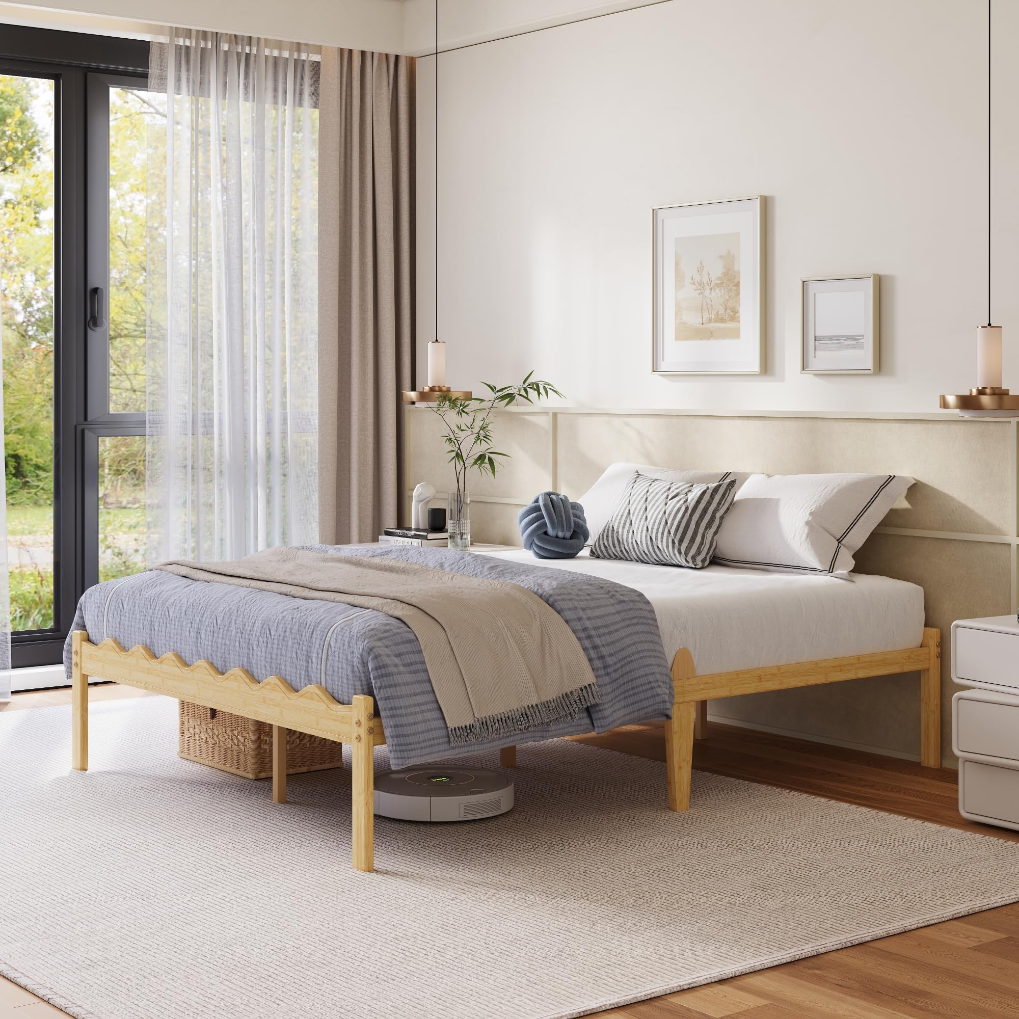 Hunlostten Wooden Double Bed Frame - Modern Style Bamboo Wood Bed Frame with Headboard and Footboard Underbed Storage Slats Support Easy to Install