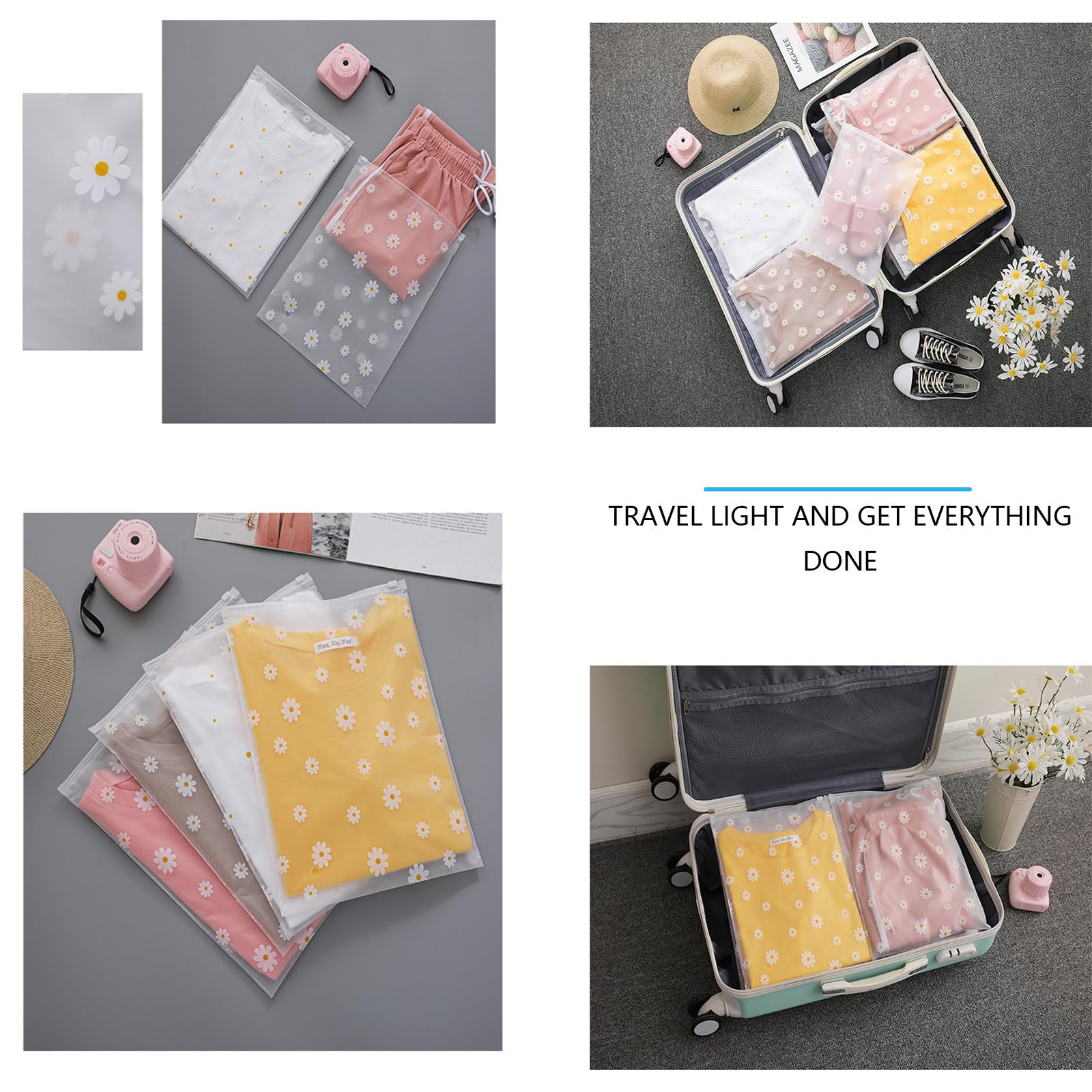 Boxonly Daisy Zipper Storage Bags, Reusable Waterproof PEVA Plastic Pouches for Clothes, Shoes, Toiletries - 14" x 18" / 35 x 45 cm - 12 Pcs