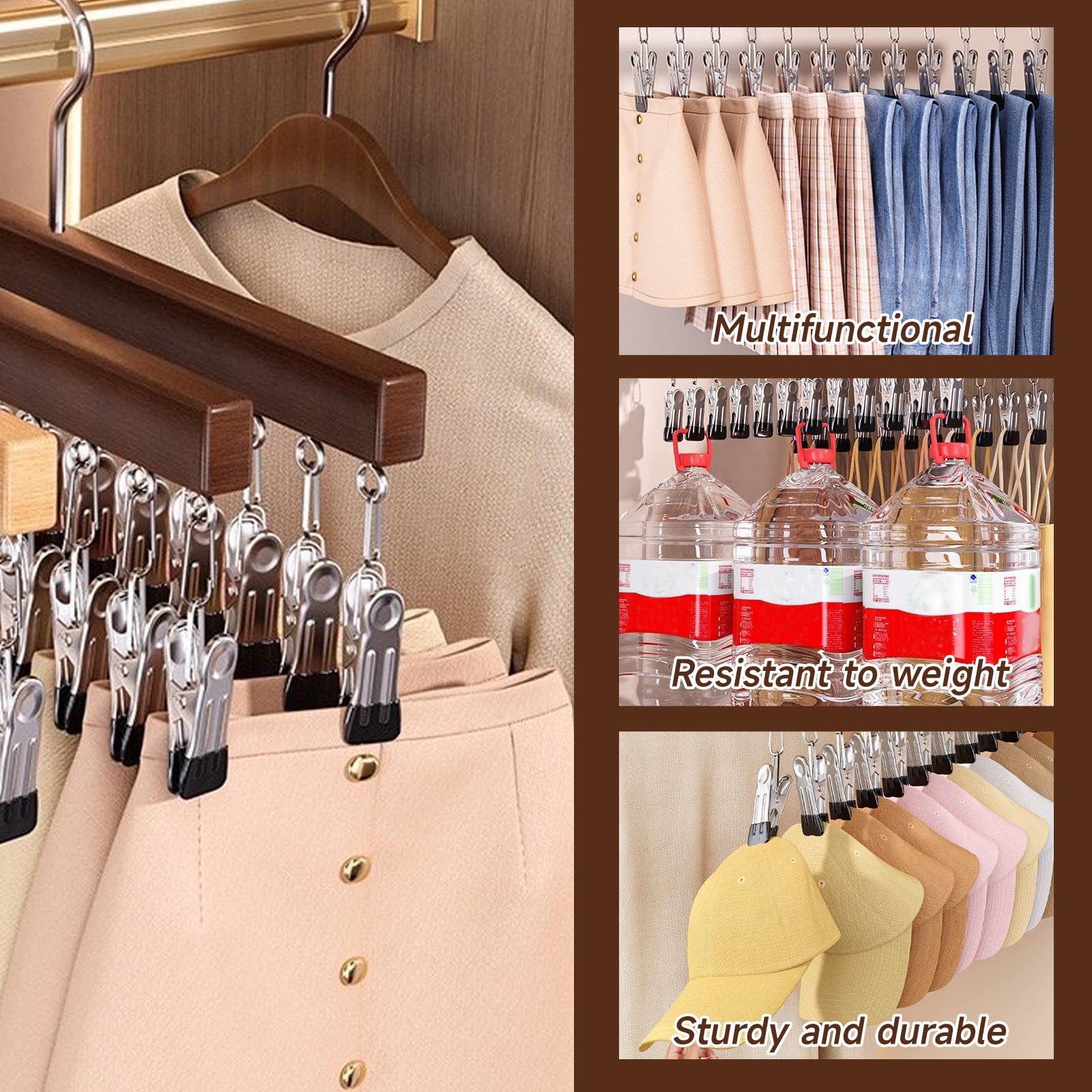 2 PCS Hat Rack, Baseball Cap Holder Hats Storage Organizer Wooden Hat Hanger with 12 Rubber-Coated Stainless Steel Clip for Closet Scarves Trousers
