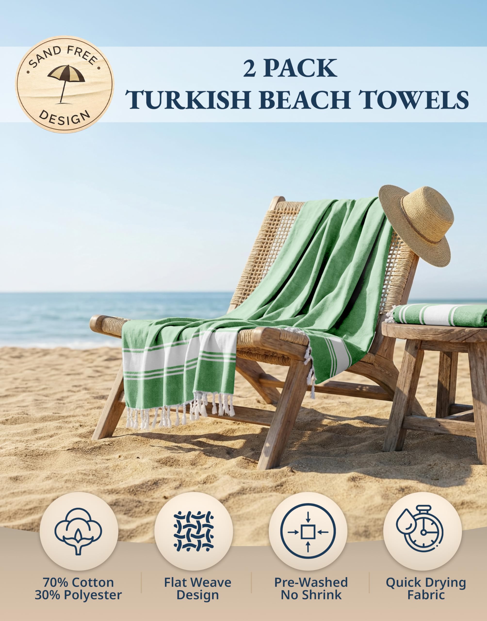 LANE LINEN Turkish Beach Towels, 2 Pack Extra Large Beach Towel, Pre-Washed for Soft Feel, Cotton Rich Oversized Sand Free Quick-Dry Pool Towel