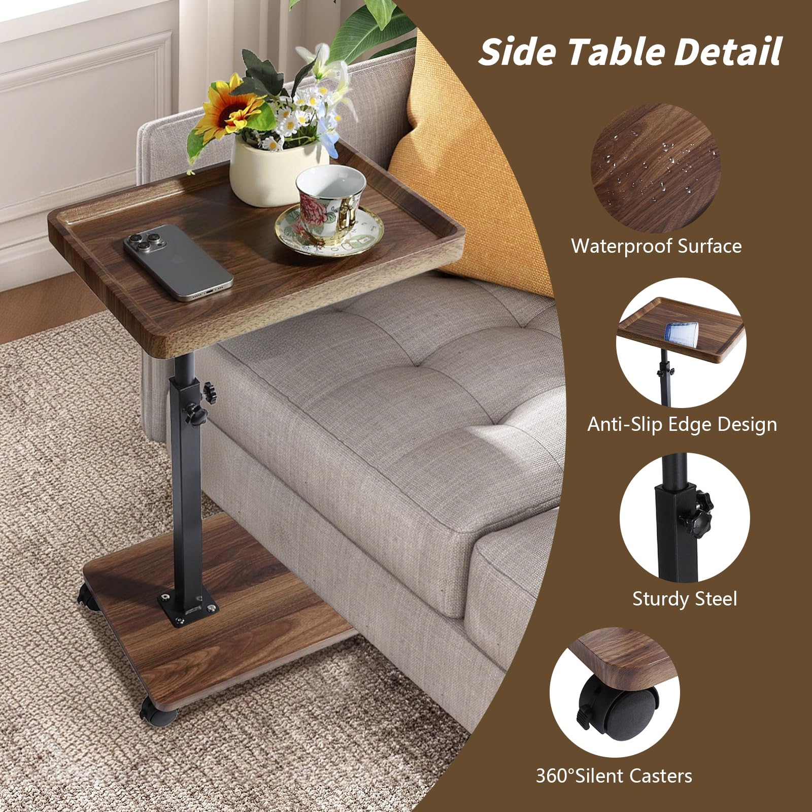 XUDREZ Adjustable Side Table, C Shaped Small Table with 4 Wheels 364° Swivel Tray, End Table for Living Room Bedroom Sofa Small Spaces (Walnut color)