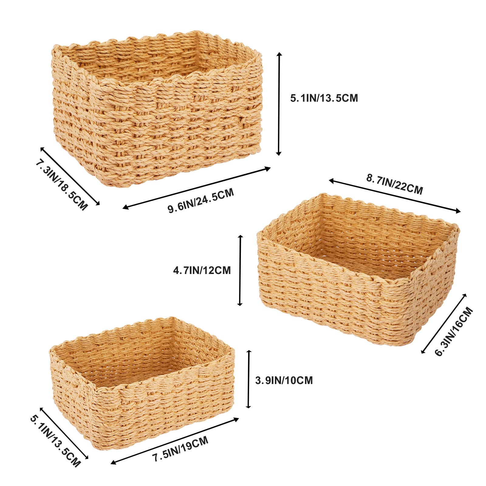 Happy Fox Wicker Bathroom Basket, 3 Piece Storage Laundry Basket, Woven Storage for Dressing Table Organization, Home Decor