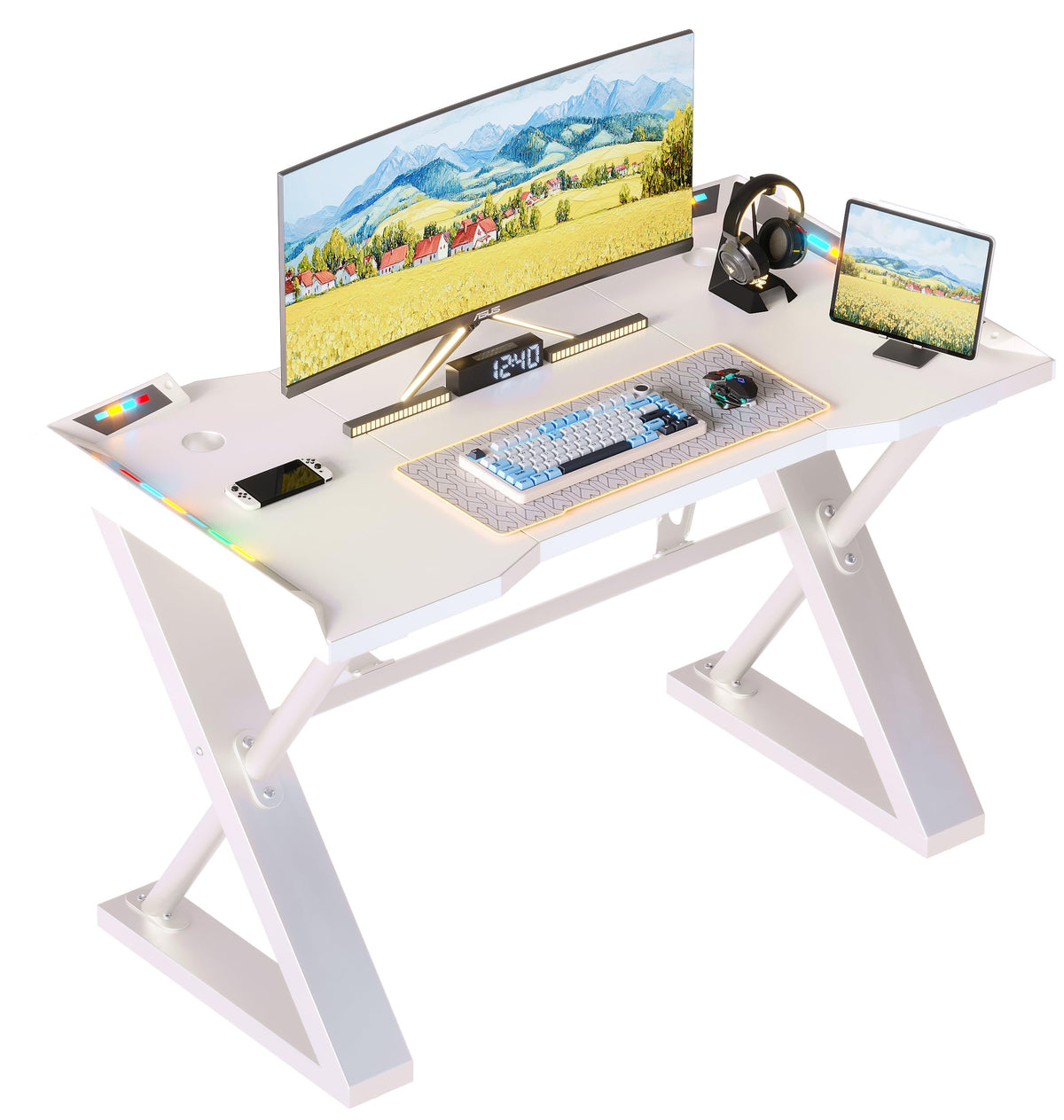 Xyphren Gaming Desk with Pegboard & Power Outlet & LED Light, Small Computer Desk with Reversible Shelves for Corner Home Office Desk, 100 * 50cm