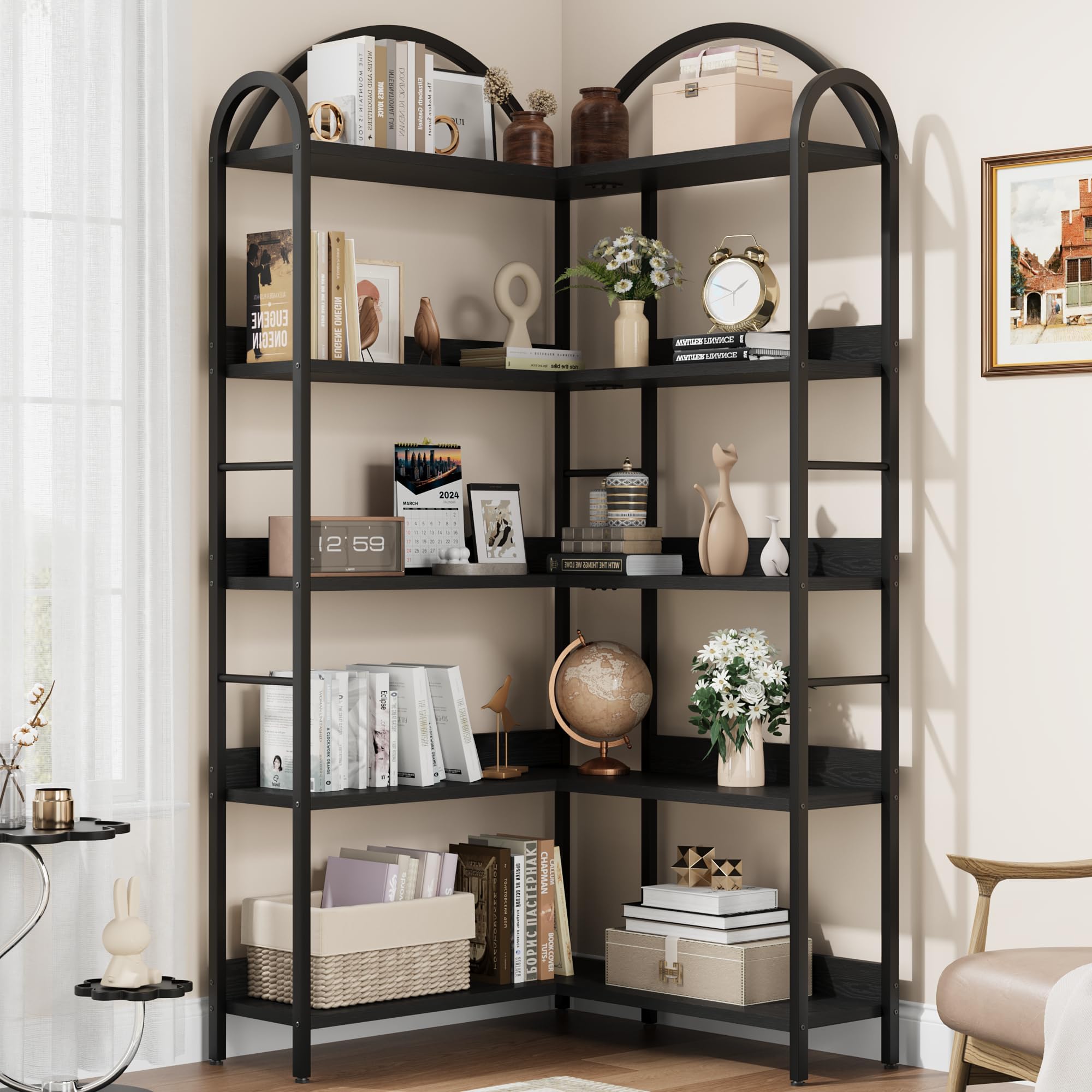 Crevyteg 68.5" Arched Industrial Corner Bookcase - 5-Tier Large Bookshelf with Wood Shelves and Metal Frame - Modern Storage Display for Home Office