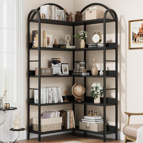 Crevyteg 68.5" Arched Industrial Corner Bookcase - 5-Tier Large Bookshelf with Wood Shelves and Metal Frame - Modern Storage Display for Home Office