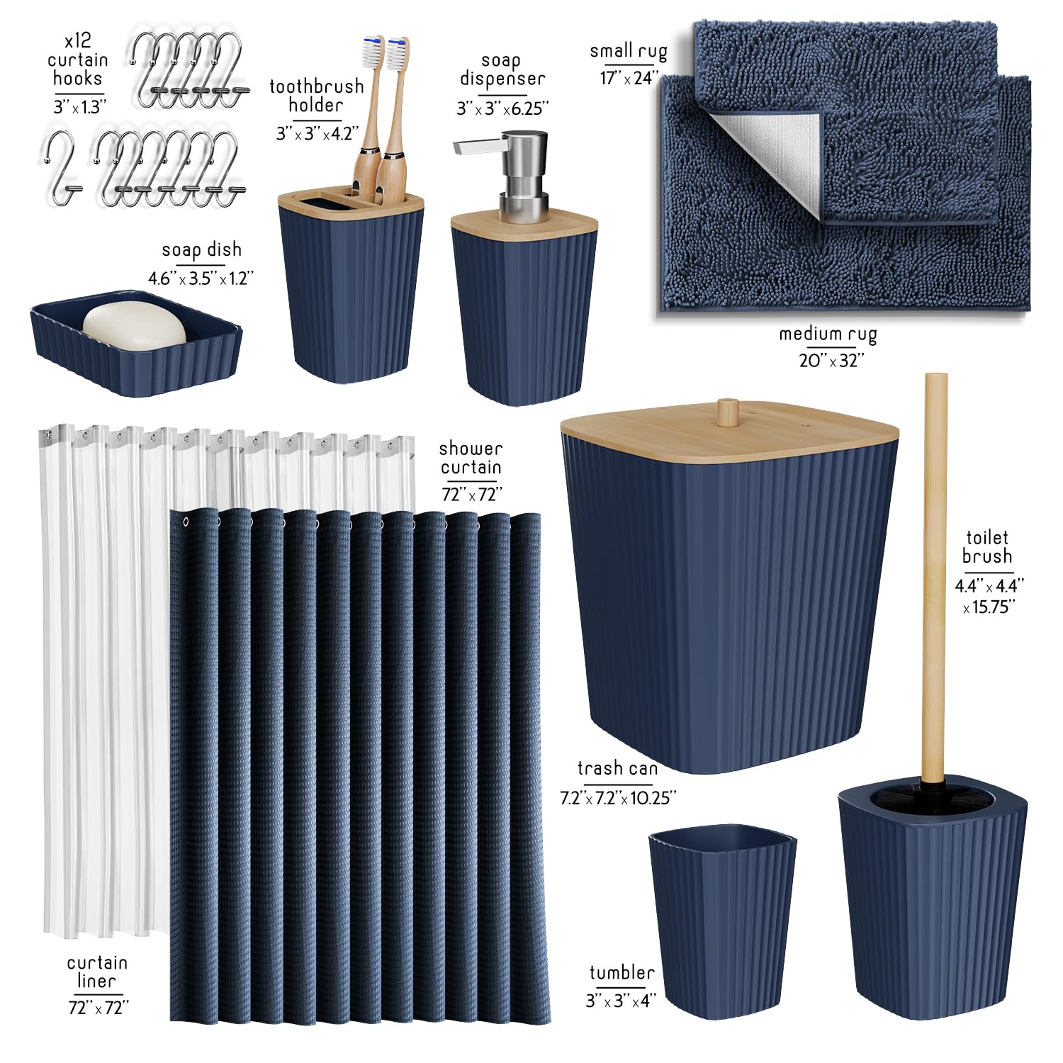 Clara Clark Bathroom Accessories Set - Bathroom Accessory Set with Shower Curtain Set, Toilet Brush, Trash Can & Soap Dispenser & Rugs