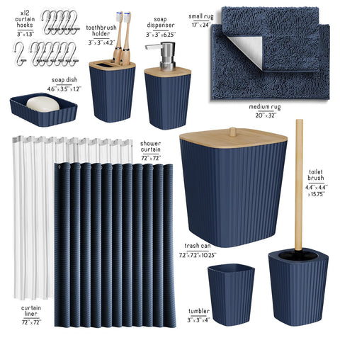 Clara Clark Bathroom Accessories Set - Bathroom Accessory Set with Shower Curtain Set, Toilet Brush, Trash Can & Soap Dispenser & Rugs