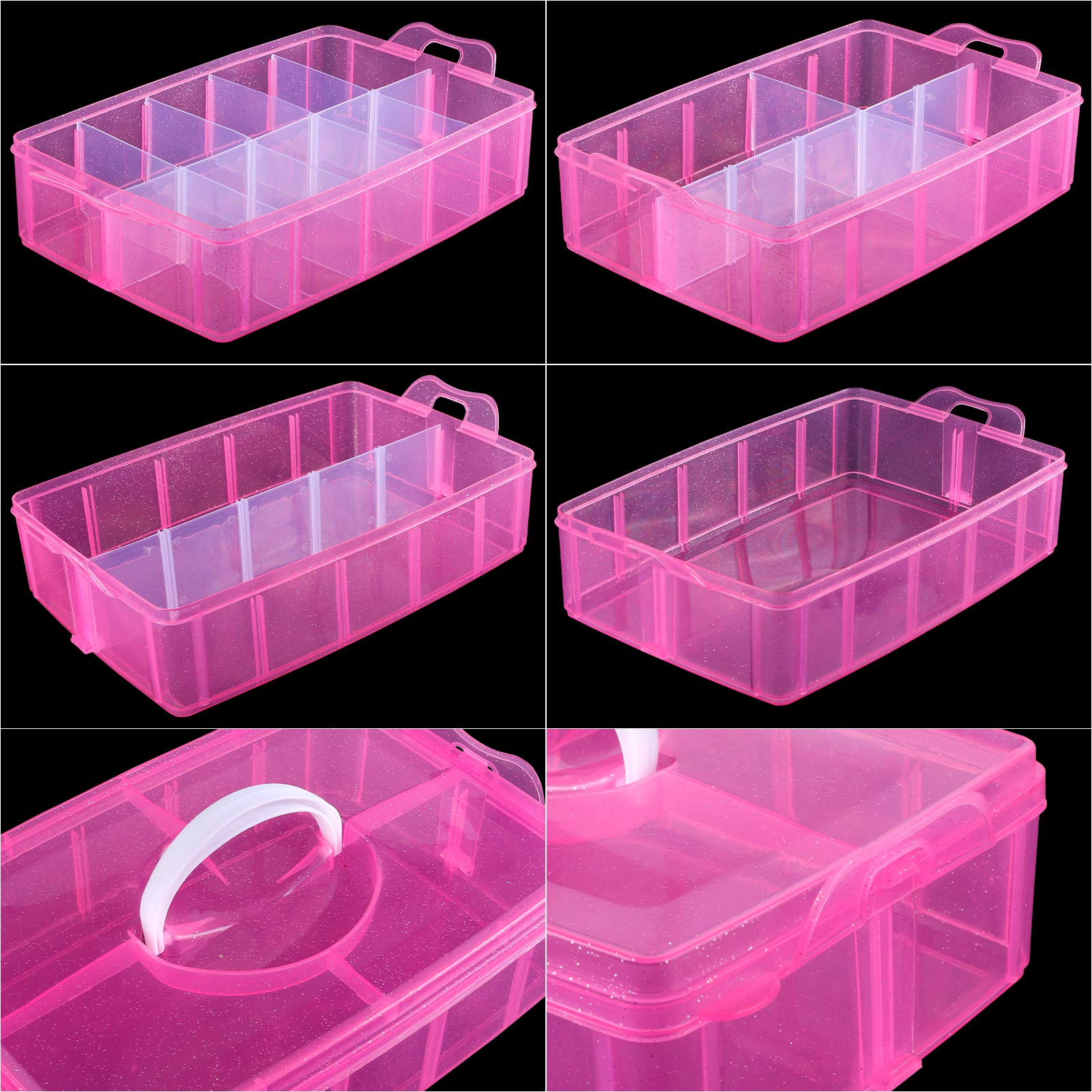 SGHUO 3-Tier Pink Craft Storage Container Box, Stackable Organizer Box with Dividers for Art Supplies, Beads, Washi Tapes, Seed, Hair Accessories