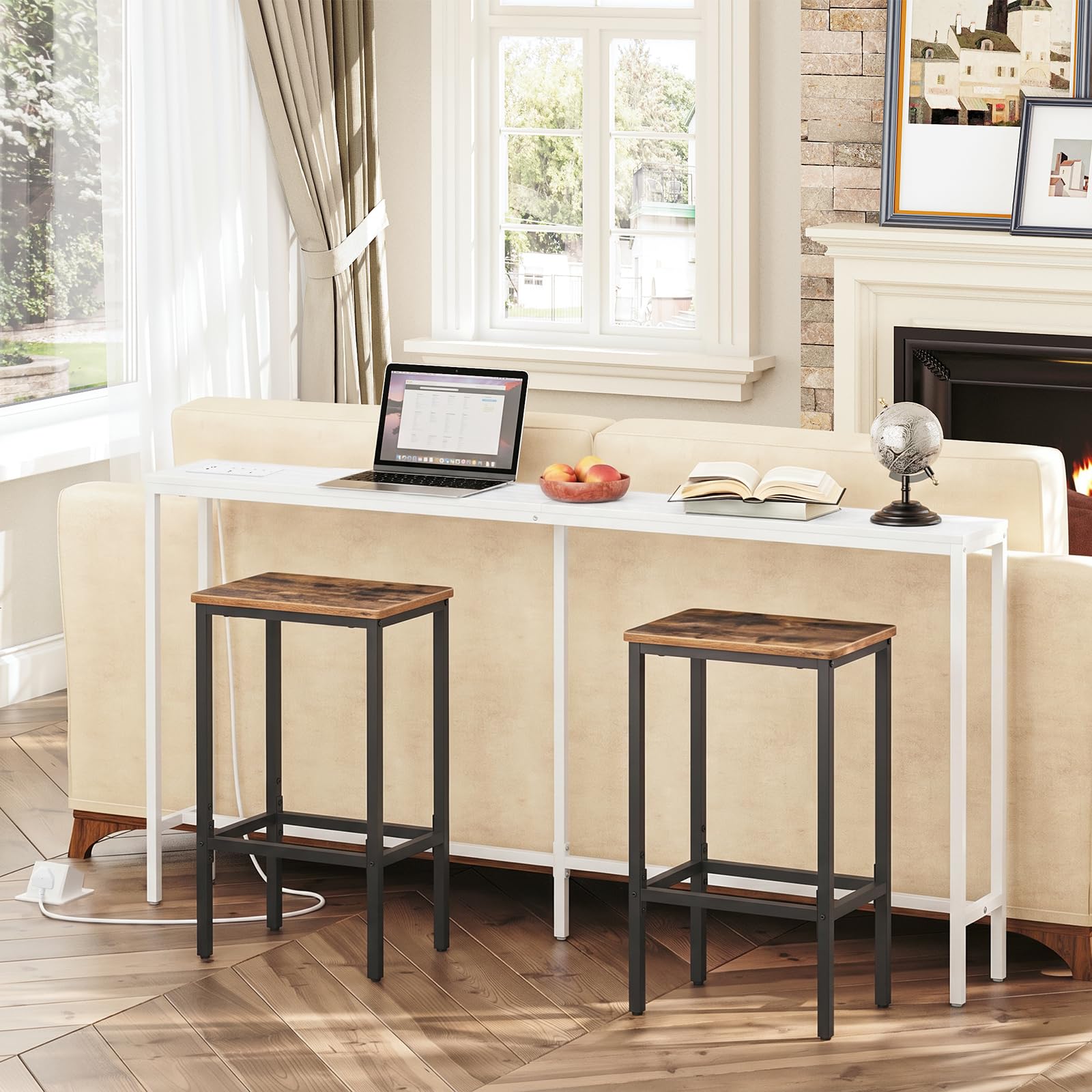 MAHANCRIS Console Table with Power Outlet, 160 cm Narrow Sofa Table, Industrial Entryway Table with USB Ports, Behind Couch Table for Entryway